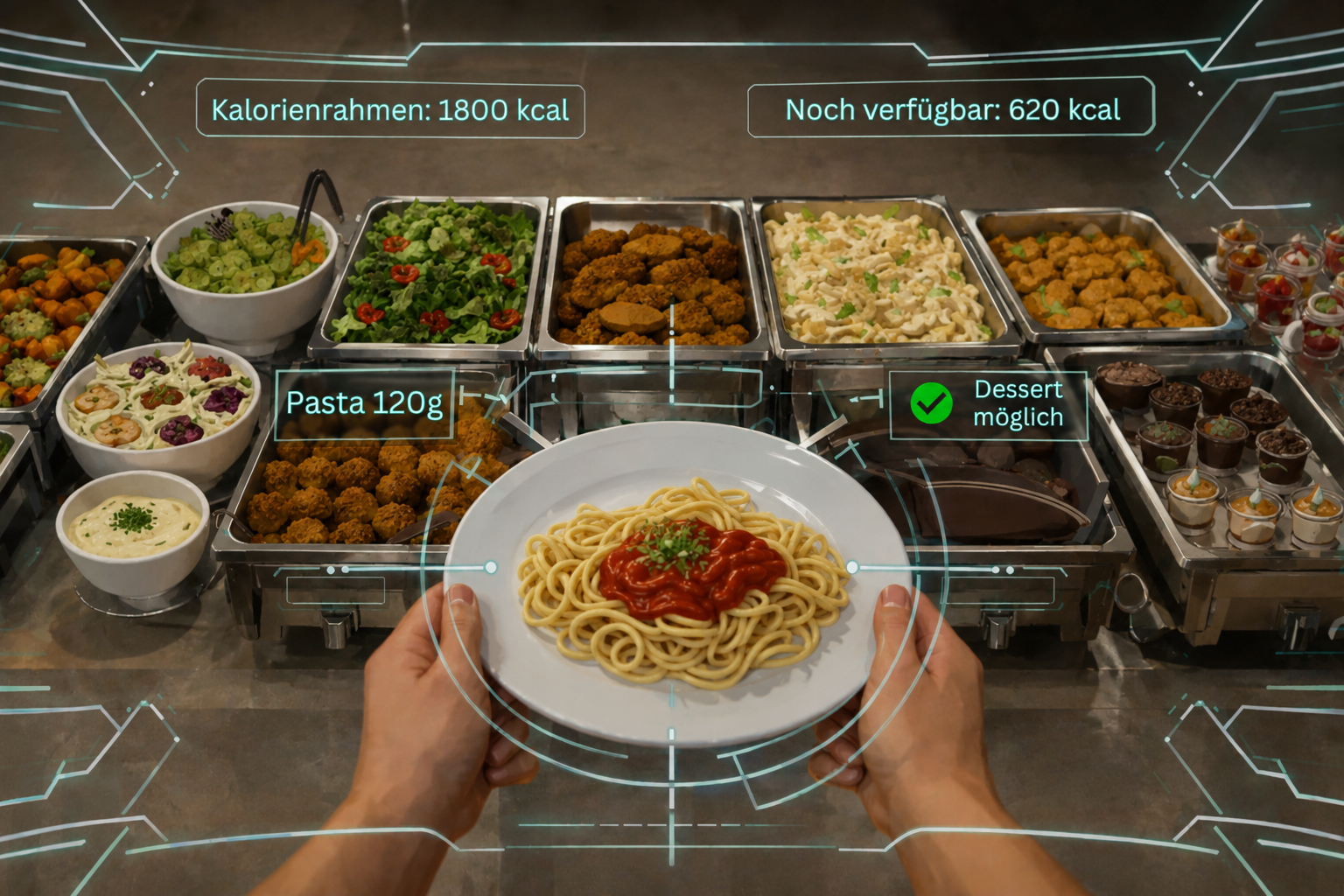 Buffet-Auswahl mit eingeblendeter KI-Unterstützung für Kalorienrahmen, Portion und Dessert